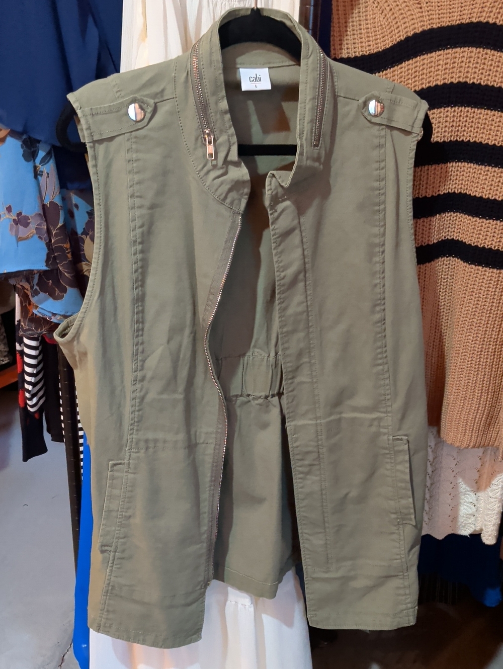 CAbi Olive Utility Vest - Sleeveless Zip Front